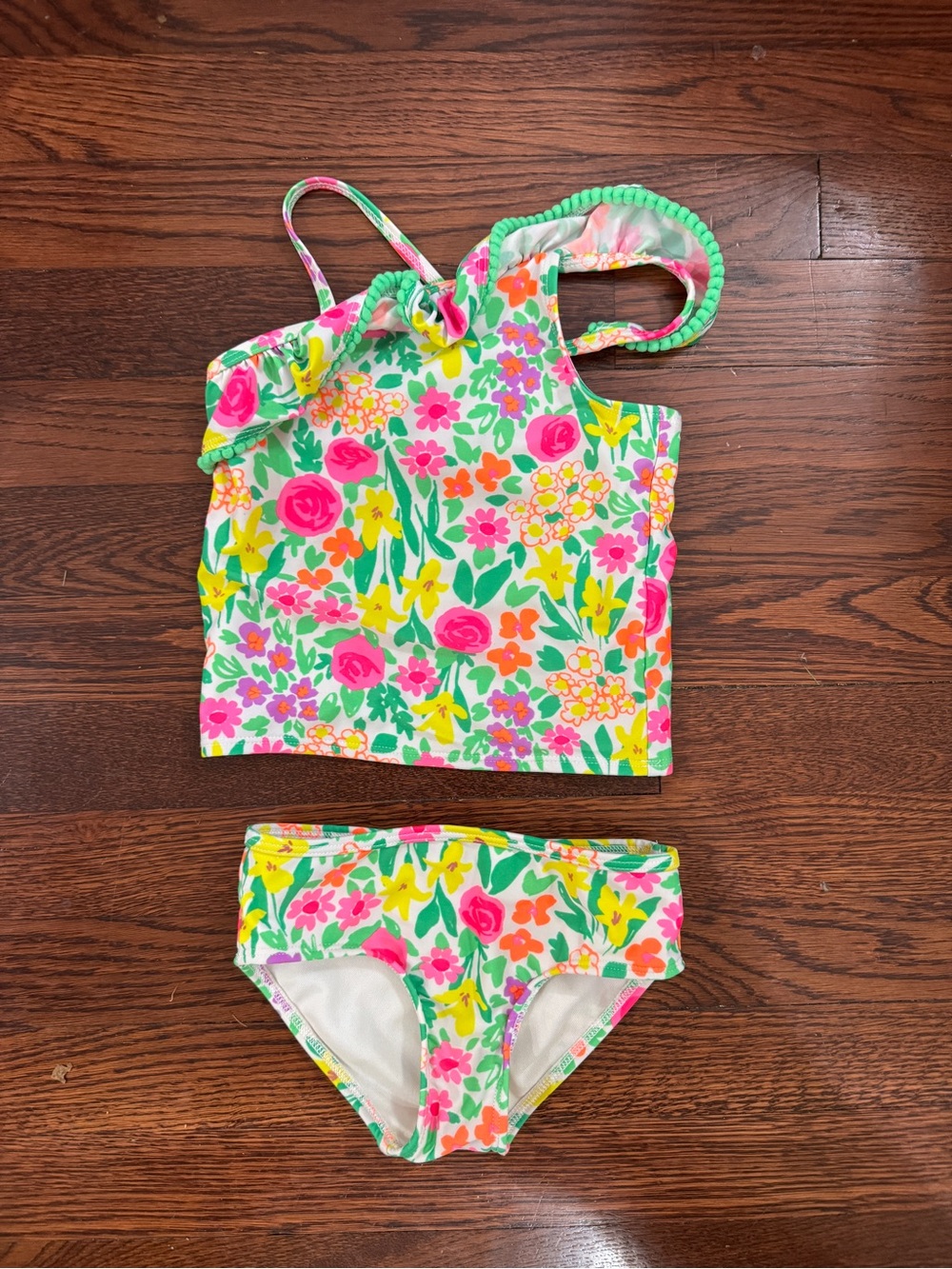 Cat & Jack Floral Tankini, One Shoulder Ruffle, 4T, in Pink, Yellow & Green